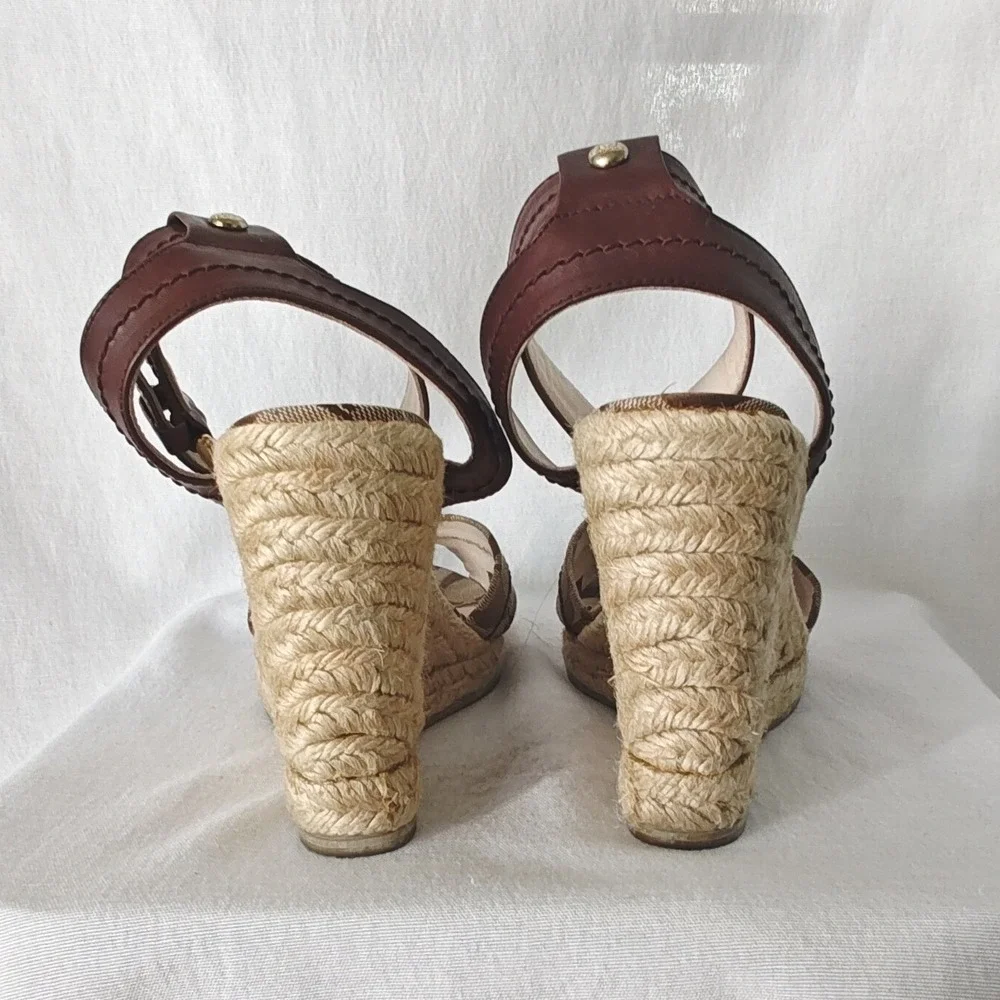 Coach Espadrille Wedge Sandals Brown Monogram Canvas Ankle Strap 2000s 39 8.5